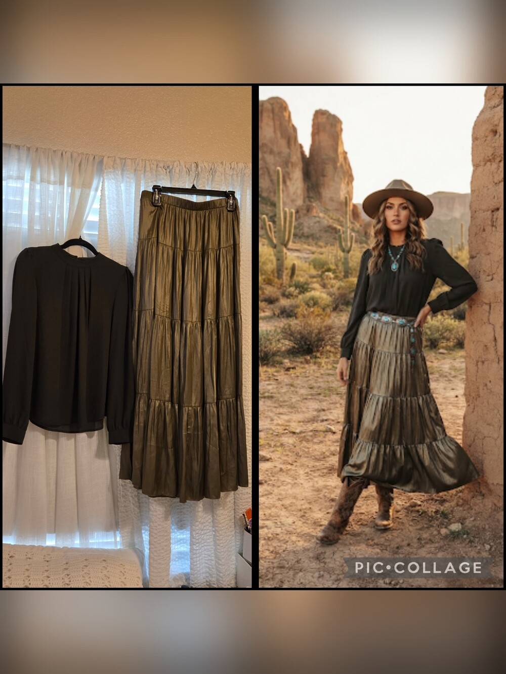 Women's Olive Satin Tiered Maxi Skirt Size M -Forever21 Olive Blouse Size S